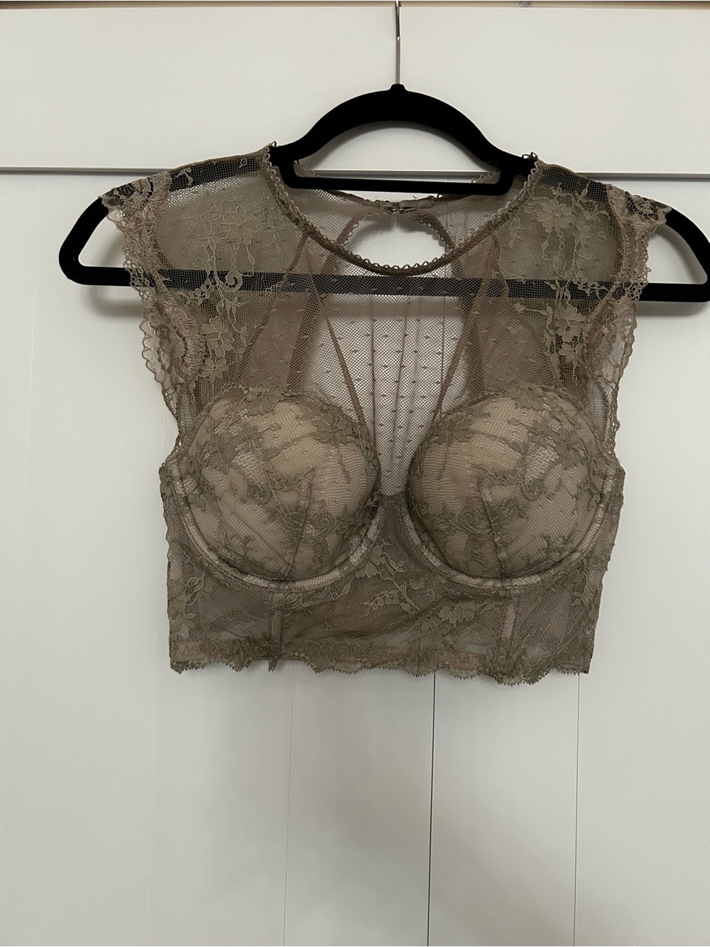 Lace Sheer Longline Bralette in Taupe